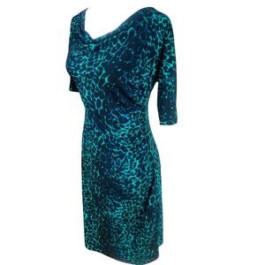 BCBGMaxAzria Sz S Drape Neck Leopard Sheath Dress Dress Green Blue Black Stretch